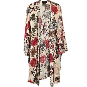 RAIN Floral Kimono Cardigan Duster Ivory Red Brown Blue Women's Size L